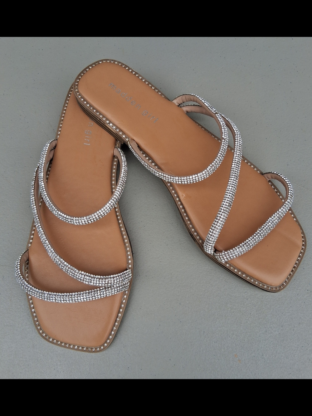 Madden Girl Tan & Rhinestone Embellished Slide Sandals Women's Size 9